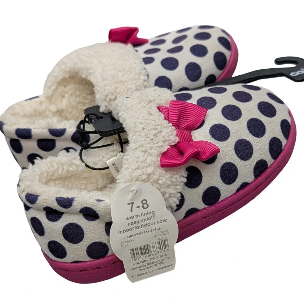 Wonder Nation Polka Dot Slippers Navy Pink Faux Fur Bow Size 7-8 Kids House Shoe
